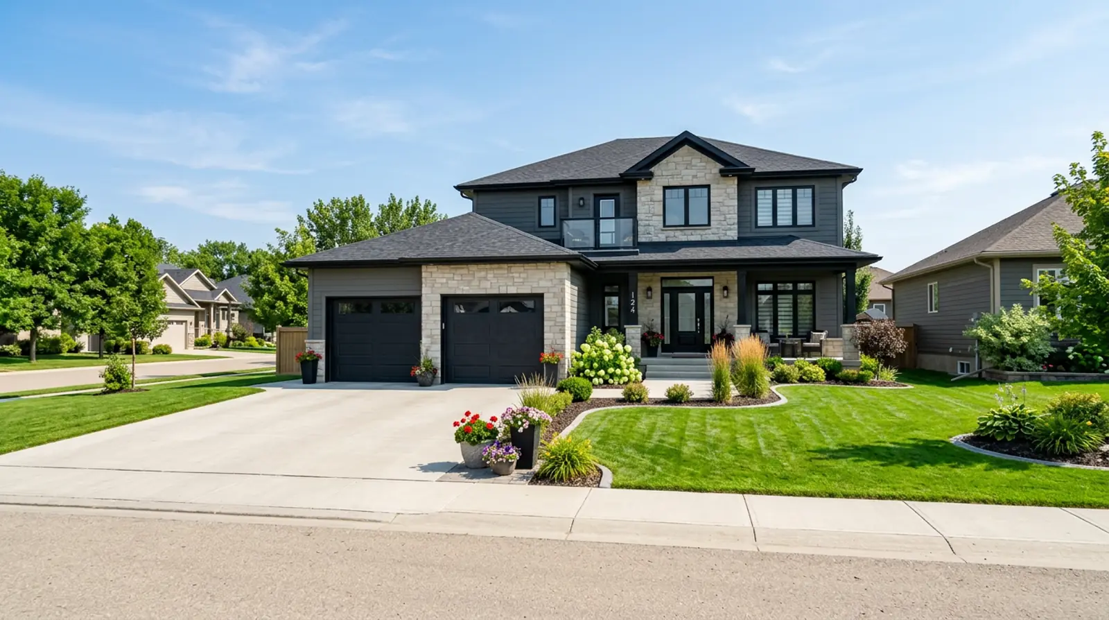 Modern staged Warman two-storey family home with attached double garage, manicured lawn and tidy landscaping