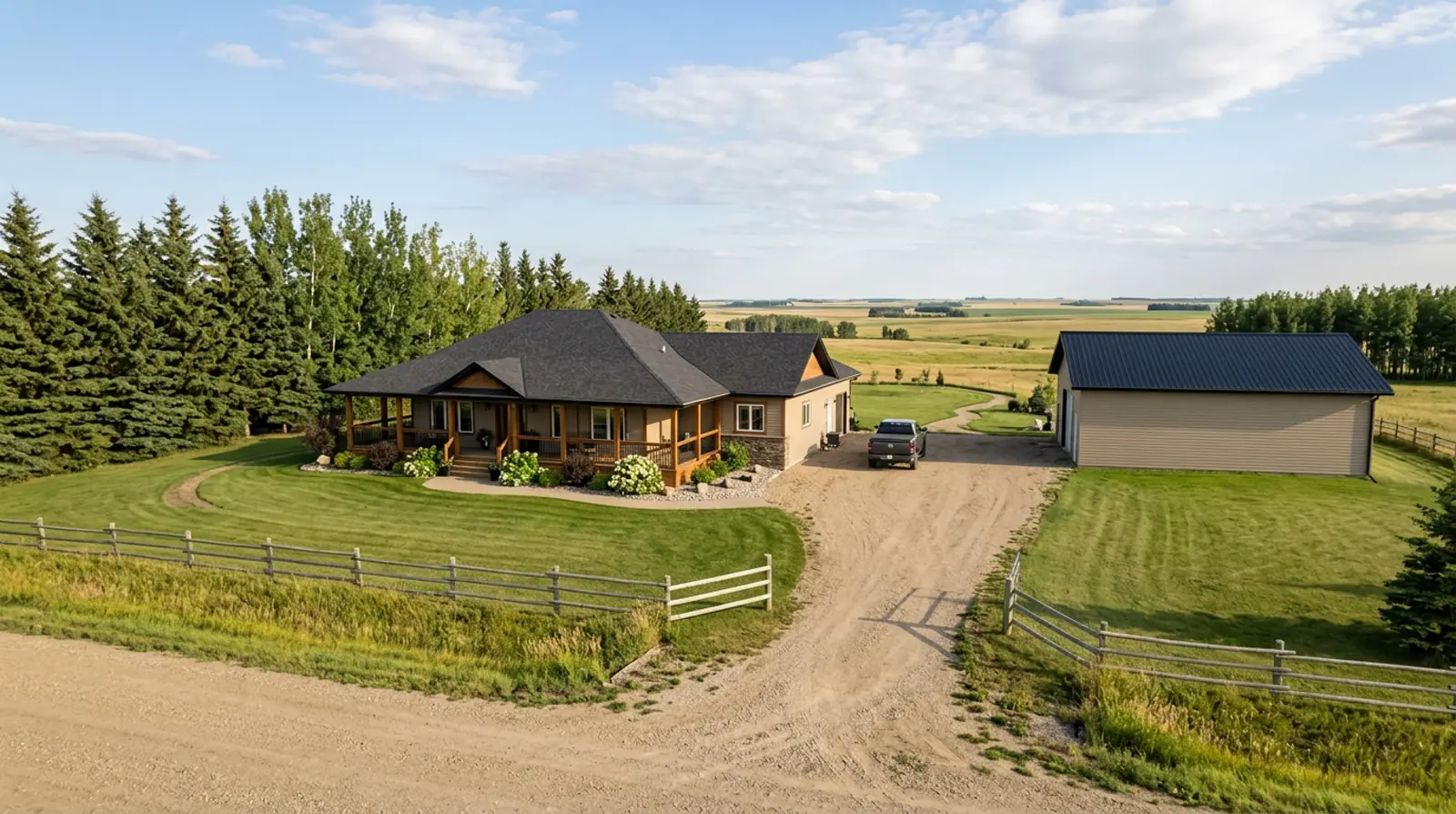 Well-kept modern acreage property near Warman with bungalow home, detached shop and long gravel driveway on a sunny afternoon.