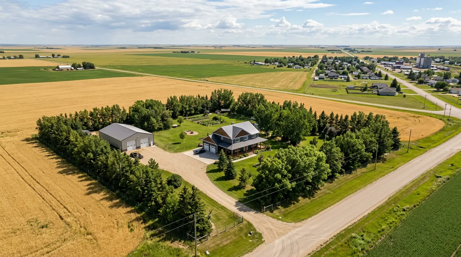 Aerial view of a treed acreage property near Warman with home, shop, driveway, and open prairie fields.