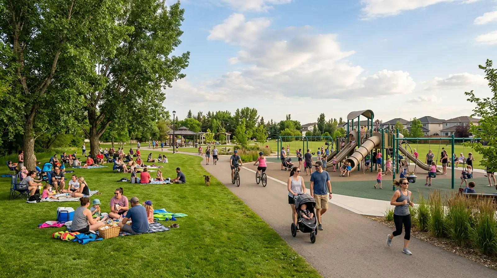 Warman community park on a summer afternoon with families picnicking, children on the playground and walking paths through mature trees