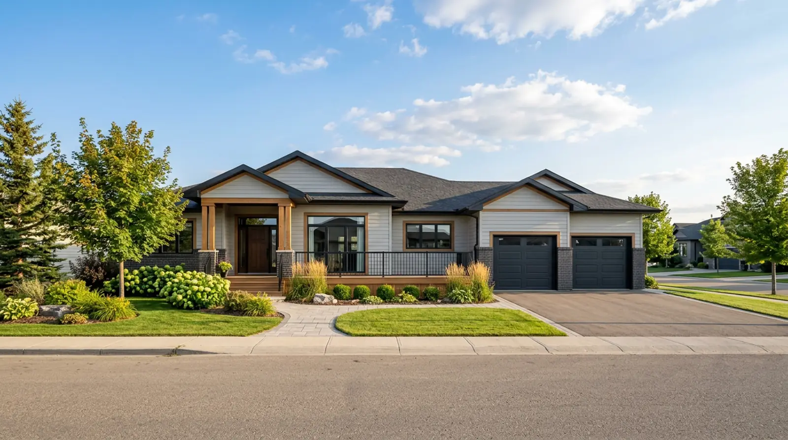 Well-kept modern Warman bungalow with covered entry, oversized garage and tidy landscaping on a sunny afternoon.