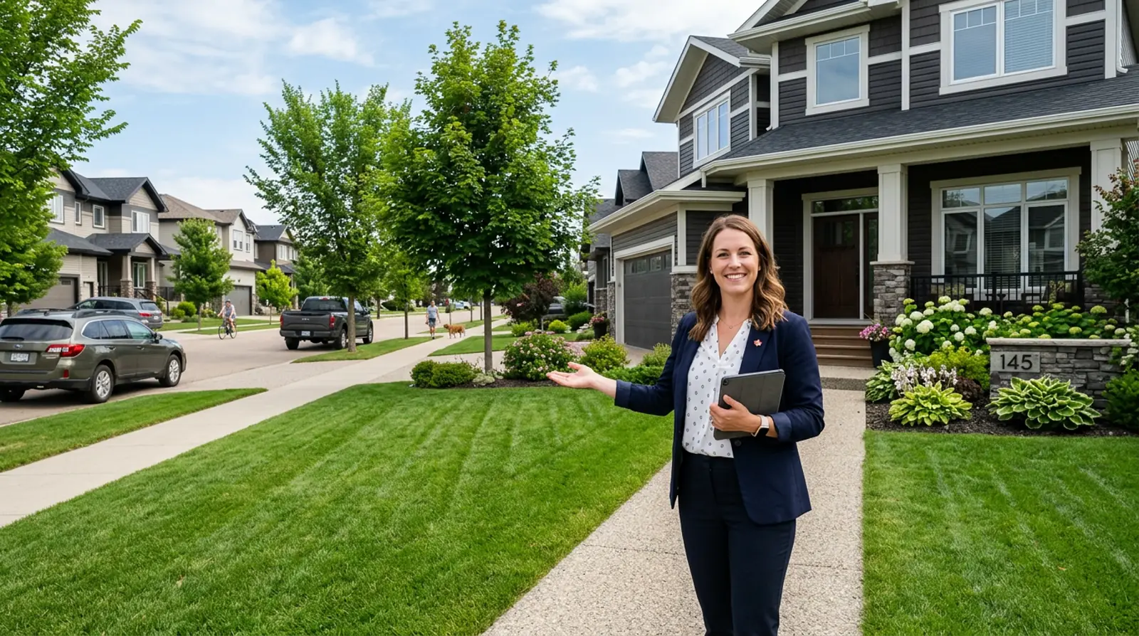 A friendly real estate agent standing outside a modern Warman family home ready to answer buyer questions