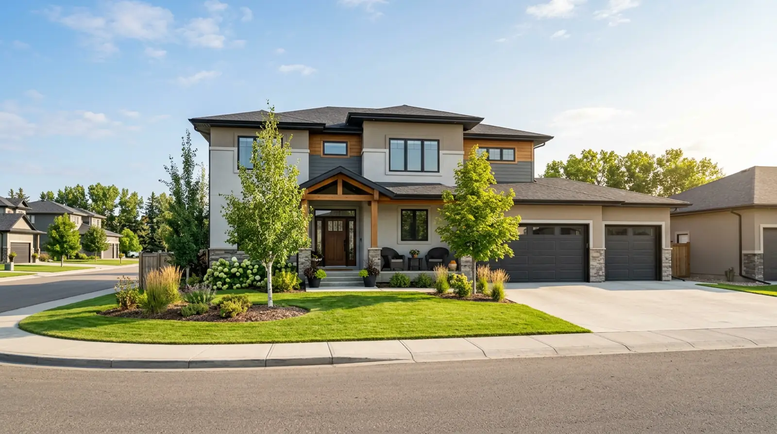 Modern Warman family home with a welcoming front porch and tidy landscaping on a sunny morning.