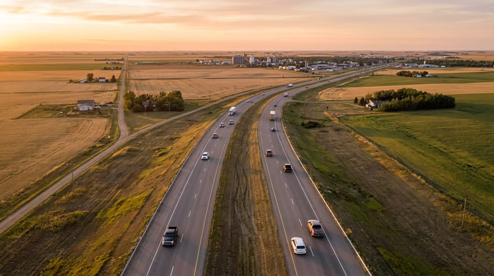 Aerial view of Highway 11 between Saskatoon and Warman at late afternoon with commuter traffic and open prairie farmland