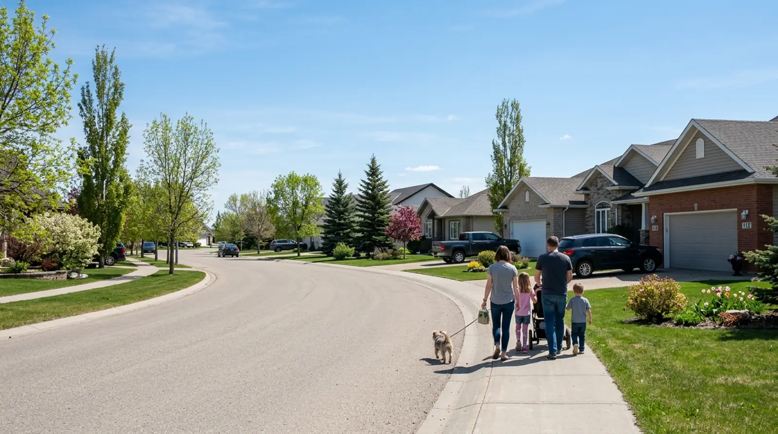 Established Warman family neighbourhood with tidy homes, young trees, and a family walking on the sidewalk.