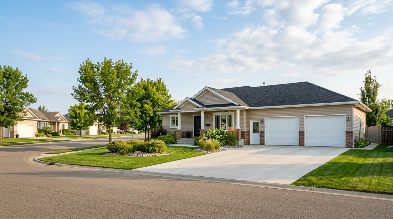 Warman single-storey bungalow with attached double garage, manicured lawn, and mature trees on a quiet residential street.