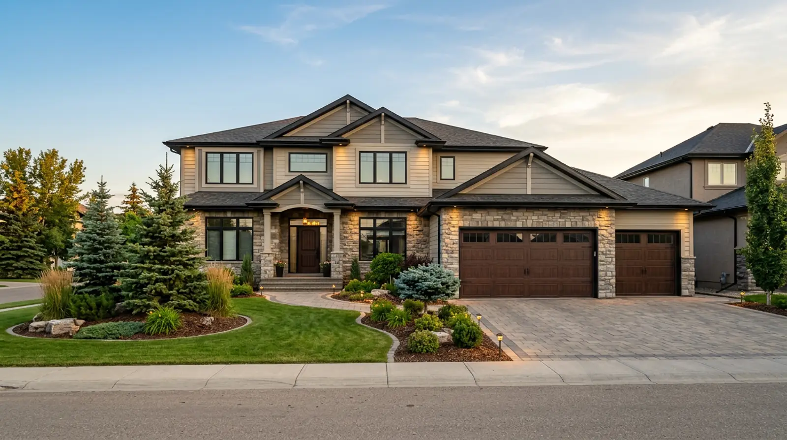 Upscale executive two-storey Warman home with stone-and-siding exterior, triple garage and professional landscaping at golden hour.