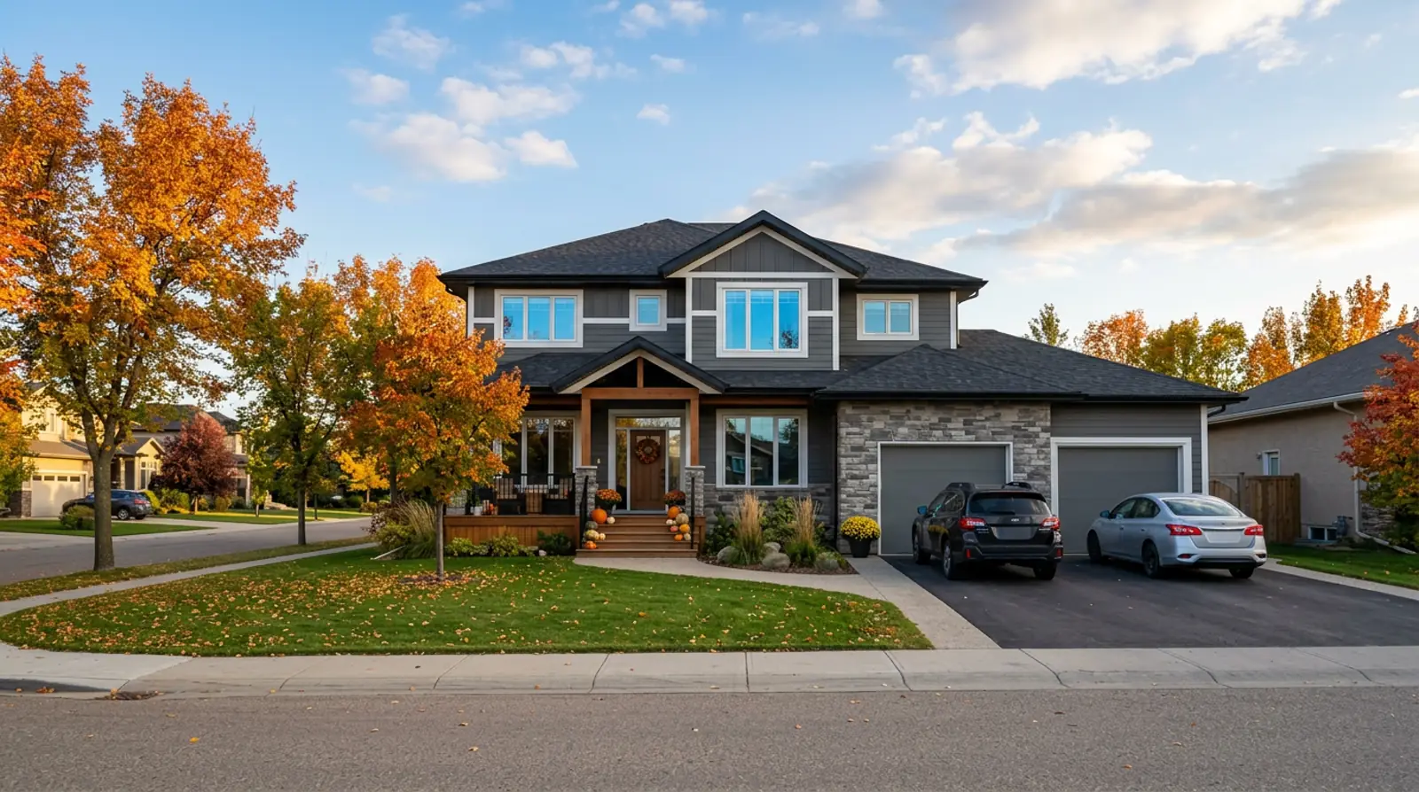 Modern Warman family home with vivid orange and gold autumn trees and small pumpkins on the front porch steps.