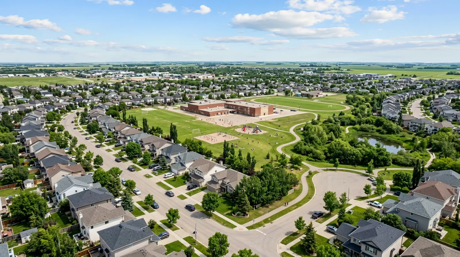 Aerial view of a family neighbourhood in Warman with school, playground, walking paths and curved streets