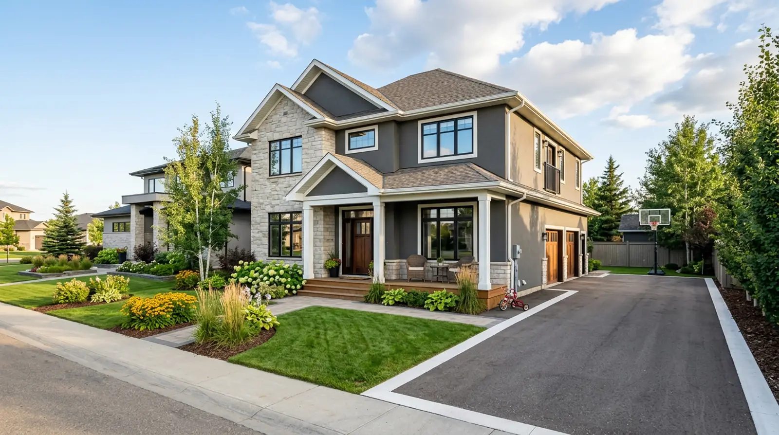 Modern Warman family home with a tricycle by the porch and a basketball net at the driveway on a sunny afternoon.