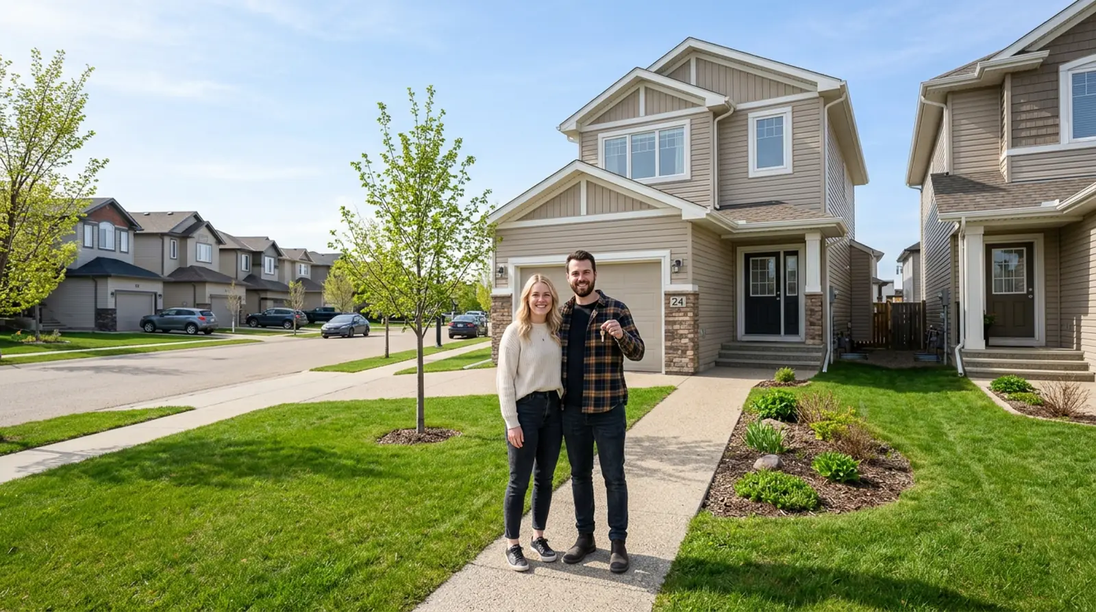 Young couple standing on the front walkway of their first Warman starter home on a bright spring morning with keys in hand