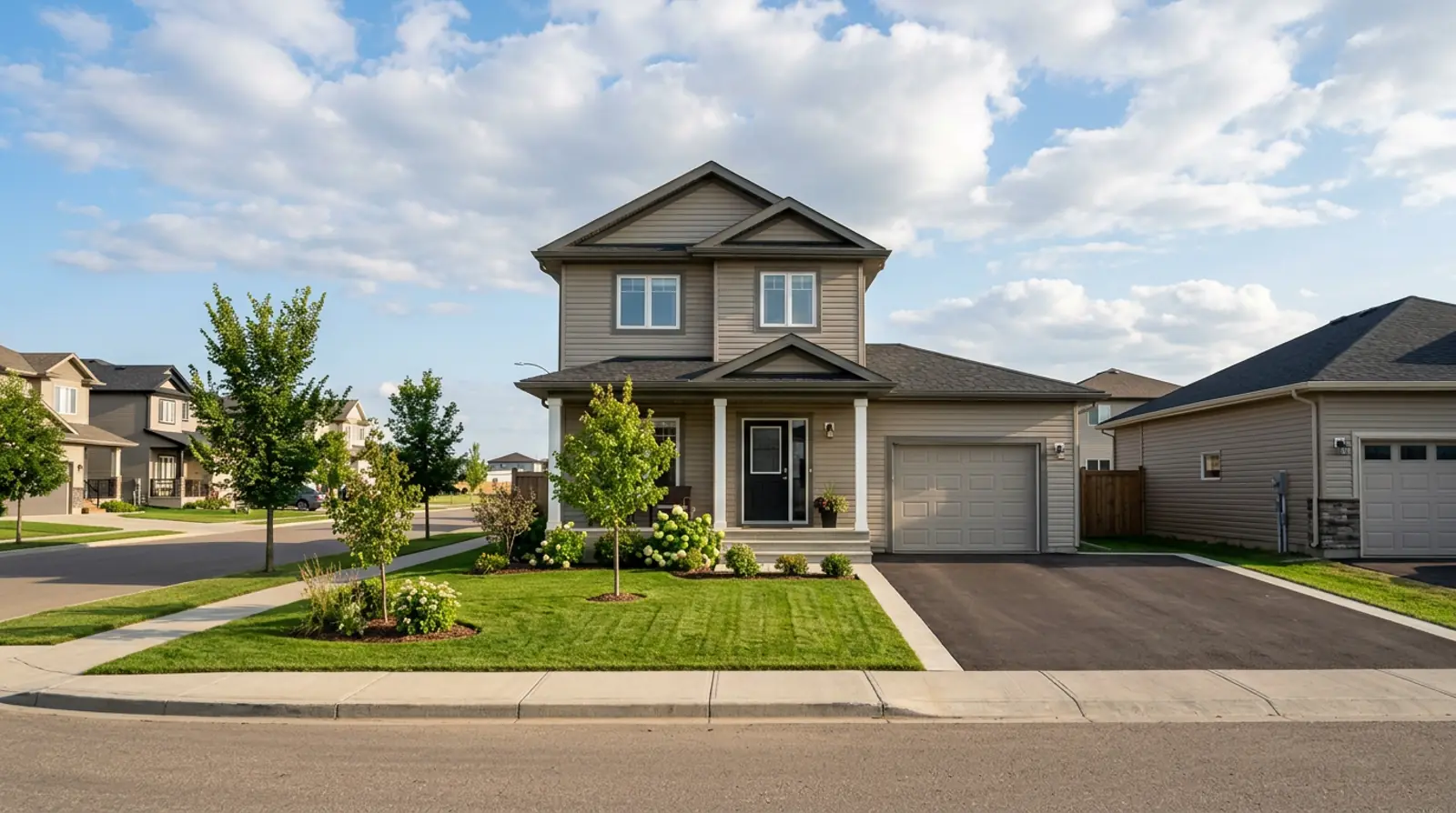 Modest tidy modern two-storey starter home in Warman with small porch, single garage and freshly cut lawn on a sunny afternoon.