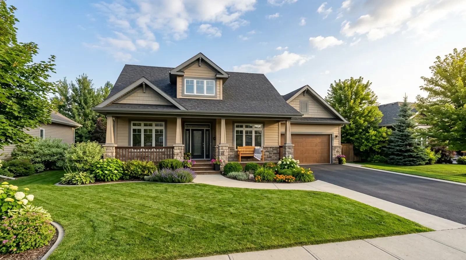 Well-kept modern Warman family home with tidy landscaping and a welcoming front porch on a sunny morning.