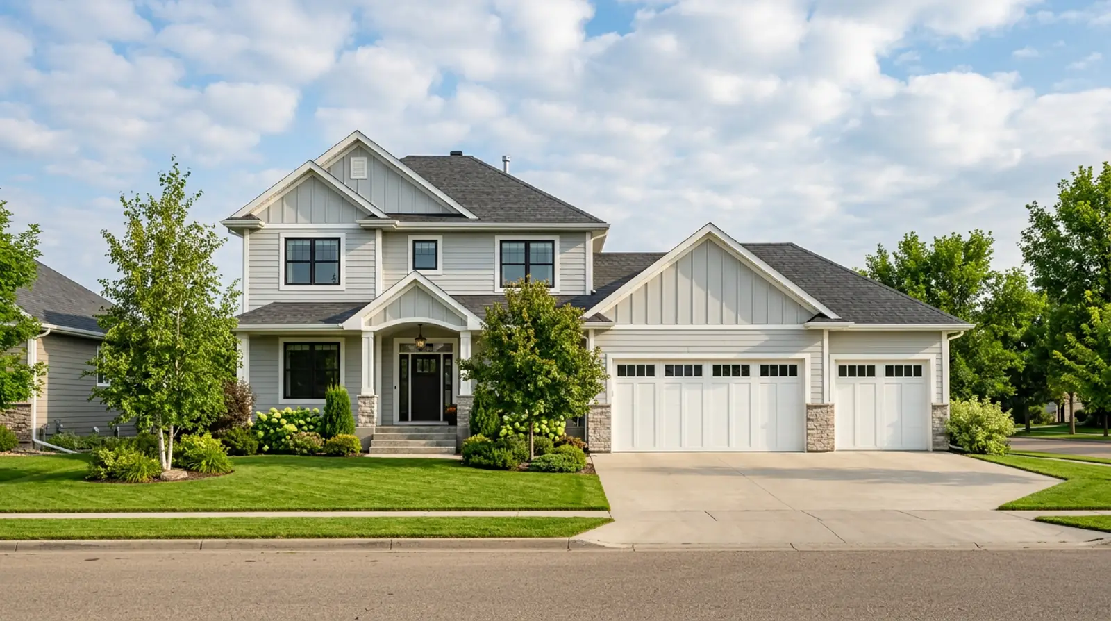 Well-kept modern Warman two-storey family home with a clean shingled roof and tidy front yard on a sunny morning.