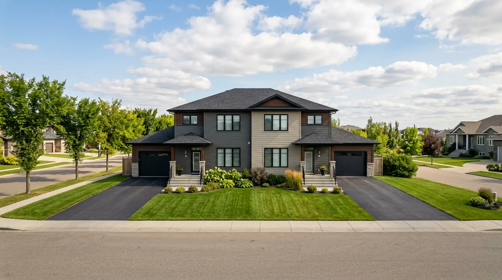 Well-kept two-storey rental duplex on a quiet Warman street with tidy front yards on a sunny afternoon.