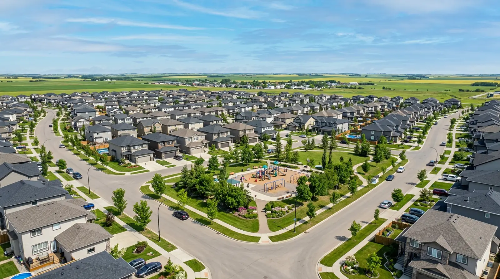 Aerial view of a modern Warman family neighbourhood with playground, curved streets and prairie farmland beyond
