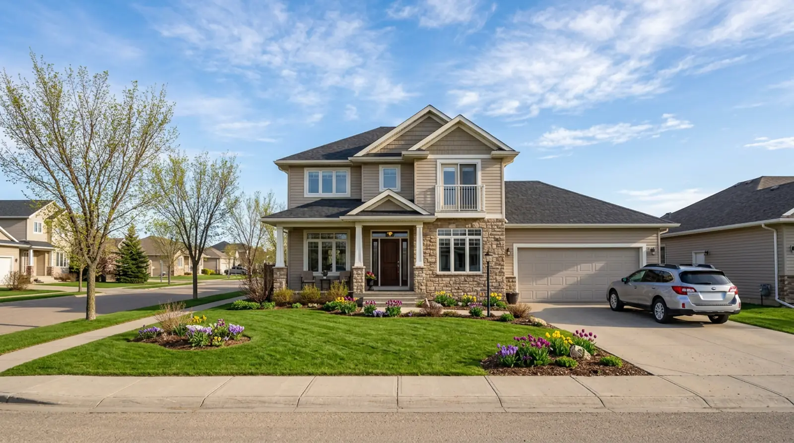 Bright two-storey Warman family home on a sunny spring afternoon with a green lawn, tulip beds, and a family SUV in the driveway.