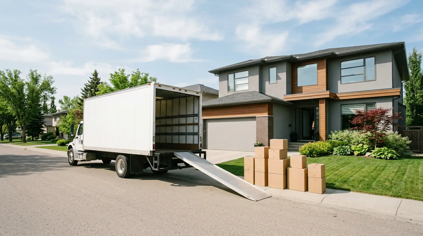 Moving truck backed into a Warman family home driveway on a spring morning, ramp down, and neat stack of sealed cardboard boxes.