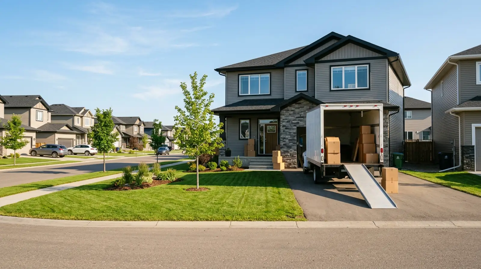 Young family moving into a new Warman home with a moving truck parked in the driveway on a summer morning