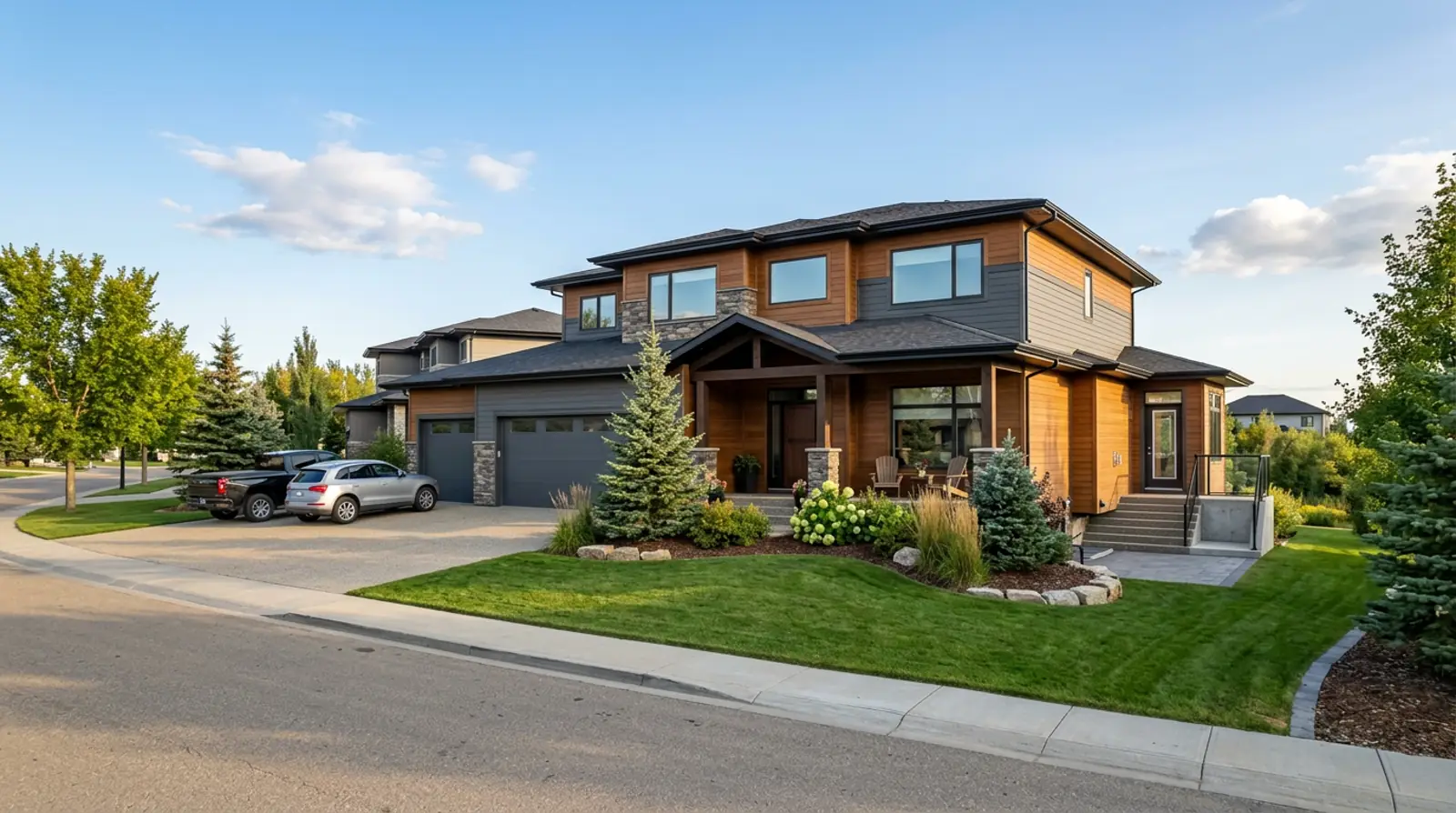 Large modern Warman family home with a walk-out lower level and separate side entrance on a sunny afternoon.