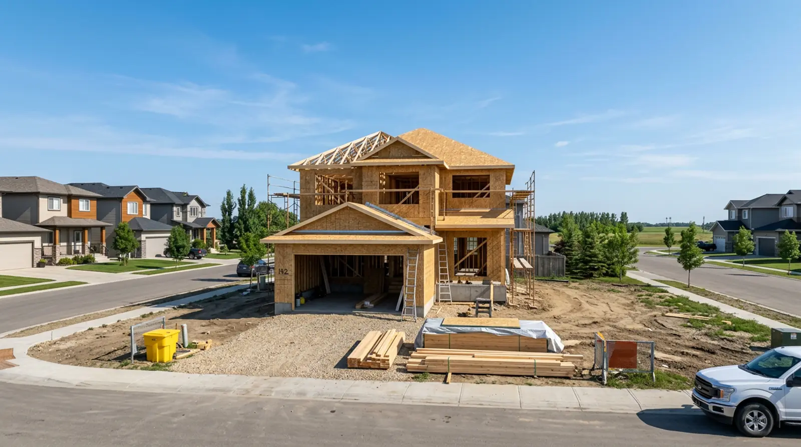 New home under construction in a Warman subdivision with framed walls and completed two-storey neighbouring family homes on a summer morning
