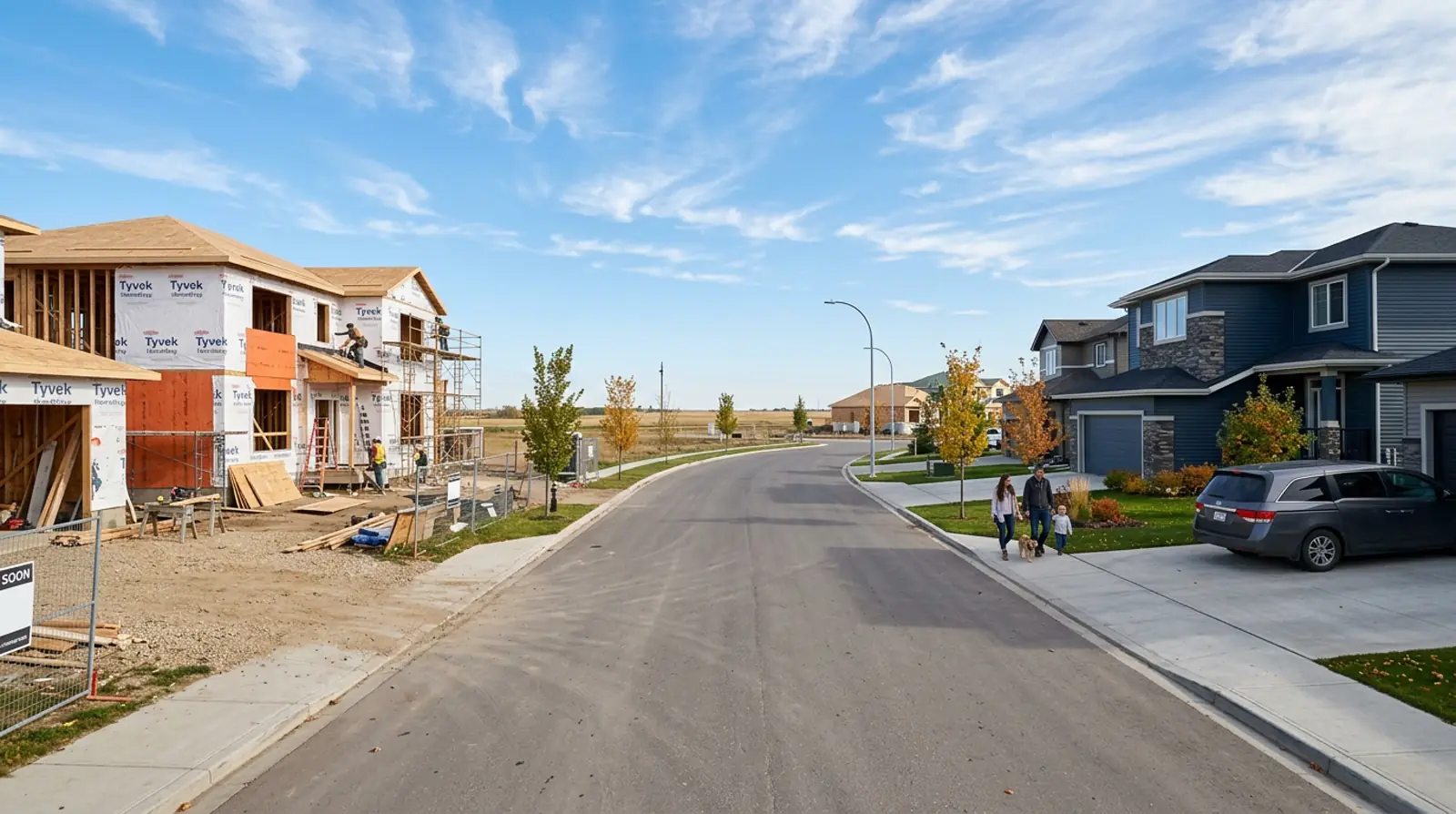 Warman street with a new home under construction next to a finished two storey family home with landscaped yard.