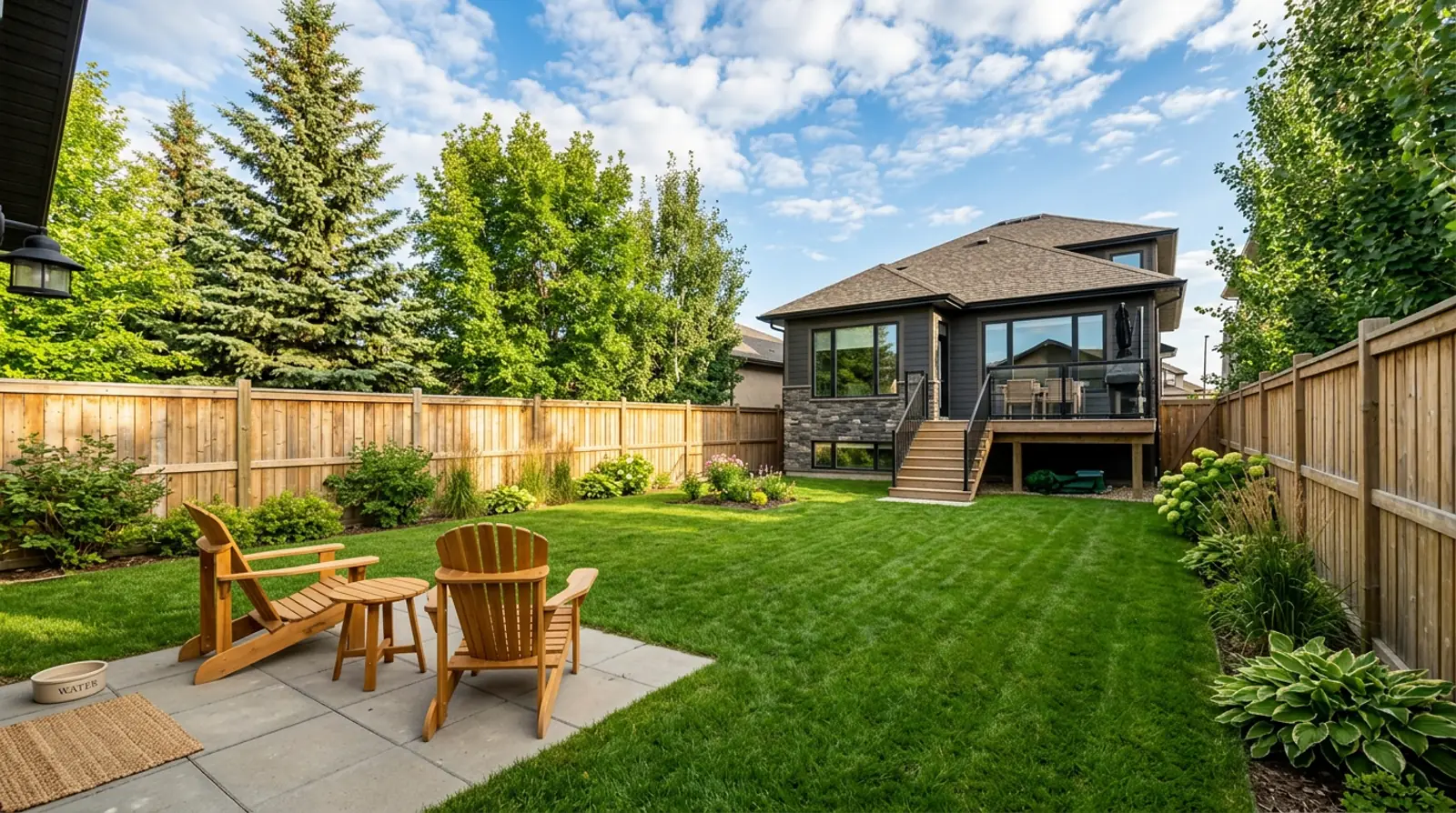 Fenced back yard of a modern Warman family home with cedar privacy fence, green lawn and a small patio on a sunny afternoon.