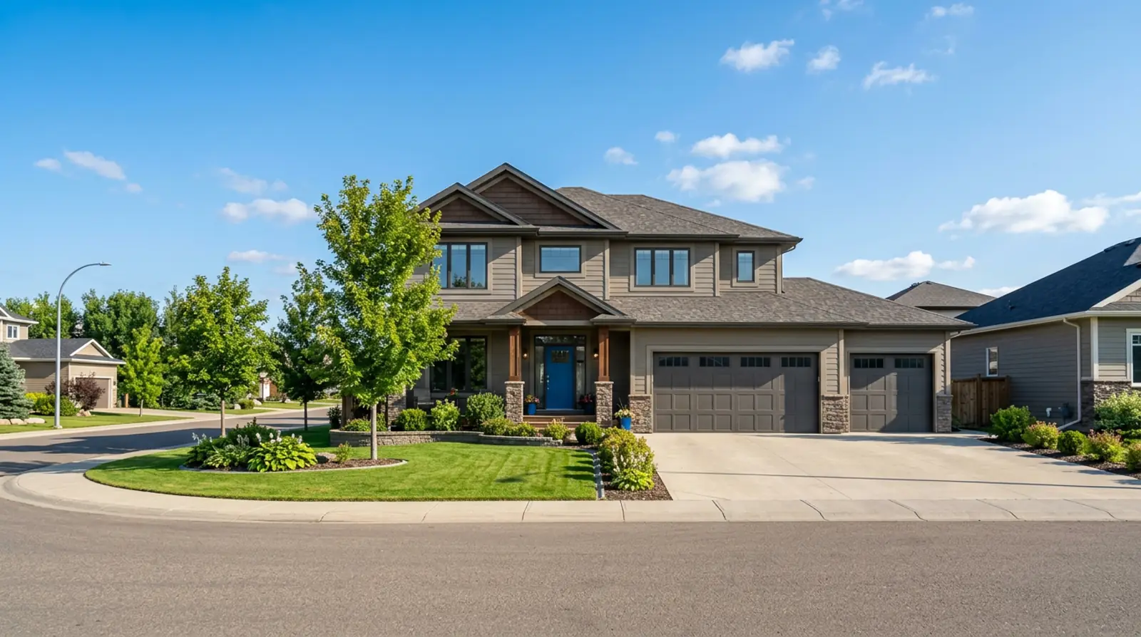 Well-kept modern Warman family home with tidy landscaping and a freshly painted front door on a sunny morning.