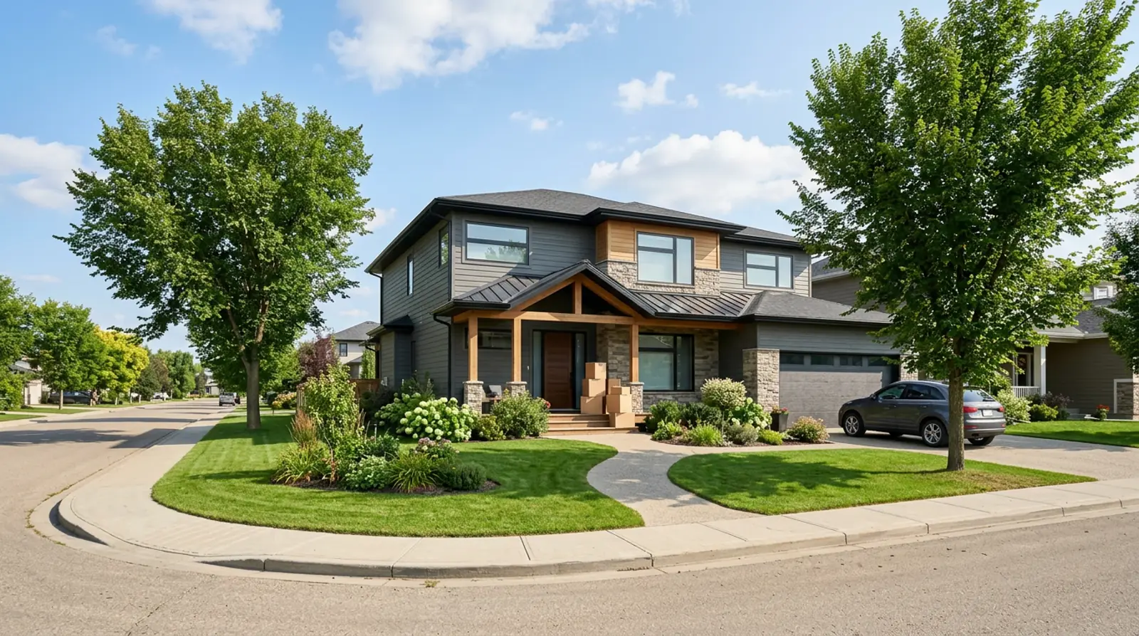 Modern two-storey Warman family home with neatly stacked moving boxes on the front porch on a sunny afternoon.