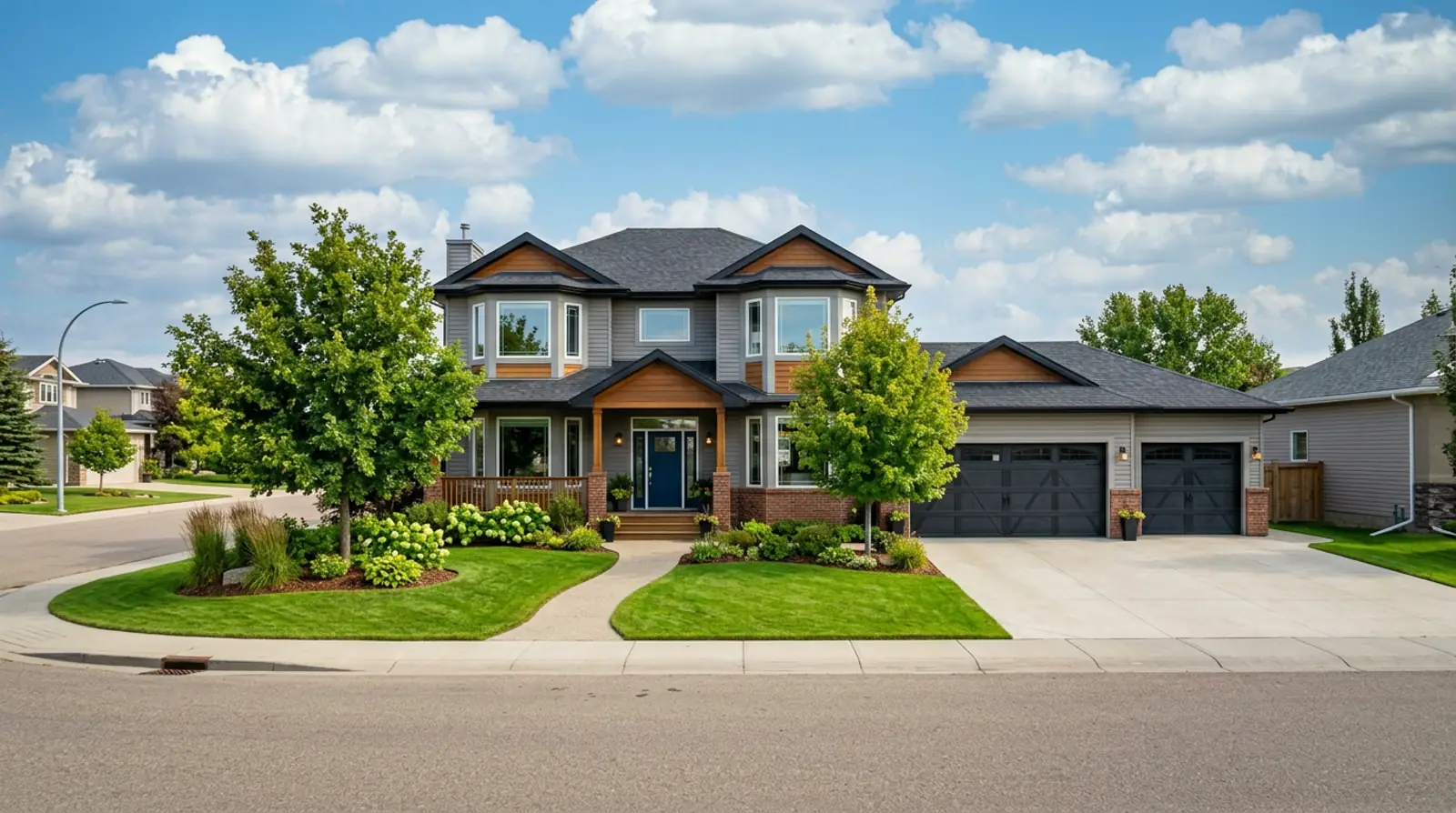 Modern Warman two-storey family home with welcoming front porch and mature trees on a bright late-summer afternoon.