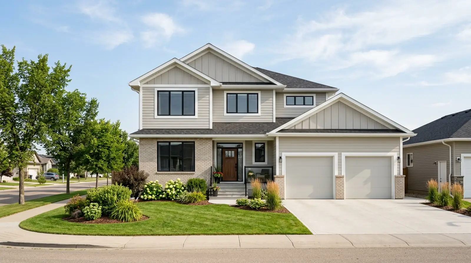 Modern Warman two-storey family home with freshly painted trim, new front door, and tidy landscaping on a summer afternoon.