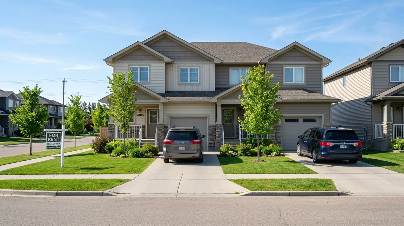 Warman side by side duplex with two driveways, landscaped lawns, and a For Rent sign staked at the property line.