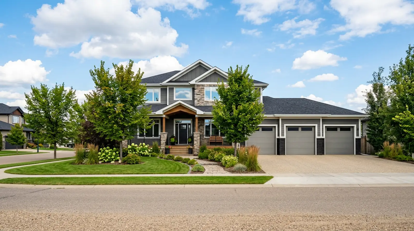 Modern Warman family home with spacious yard, large covered porch and oversized triple garage on a bright late-summer afternoon.
