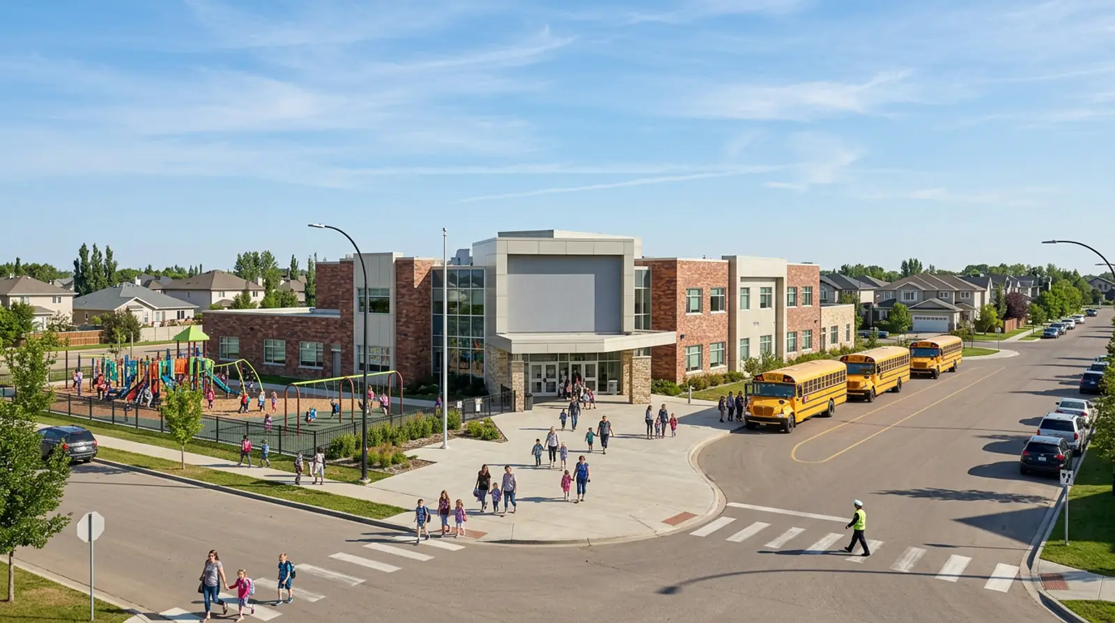Modern Warman elementary school with playground, buses, and parents walking children toward the front doors.