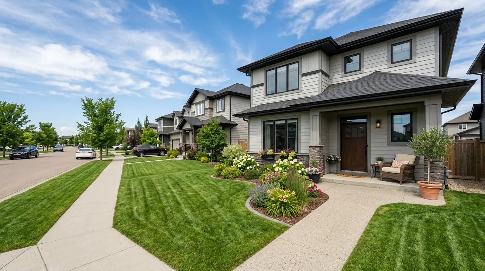 Well-staged Warman family home with tidy lawn, garden bed and welcoming front porch on a summer afternoon