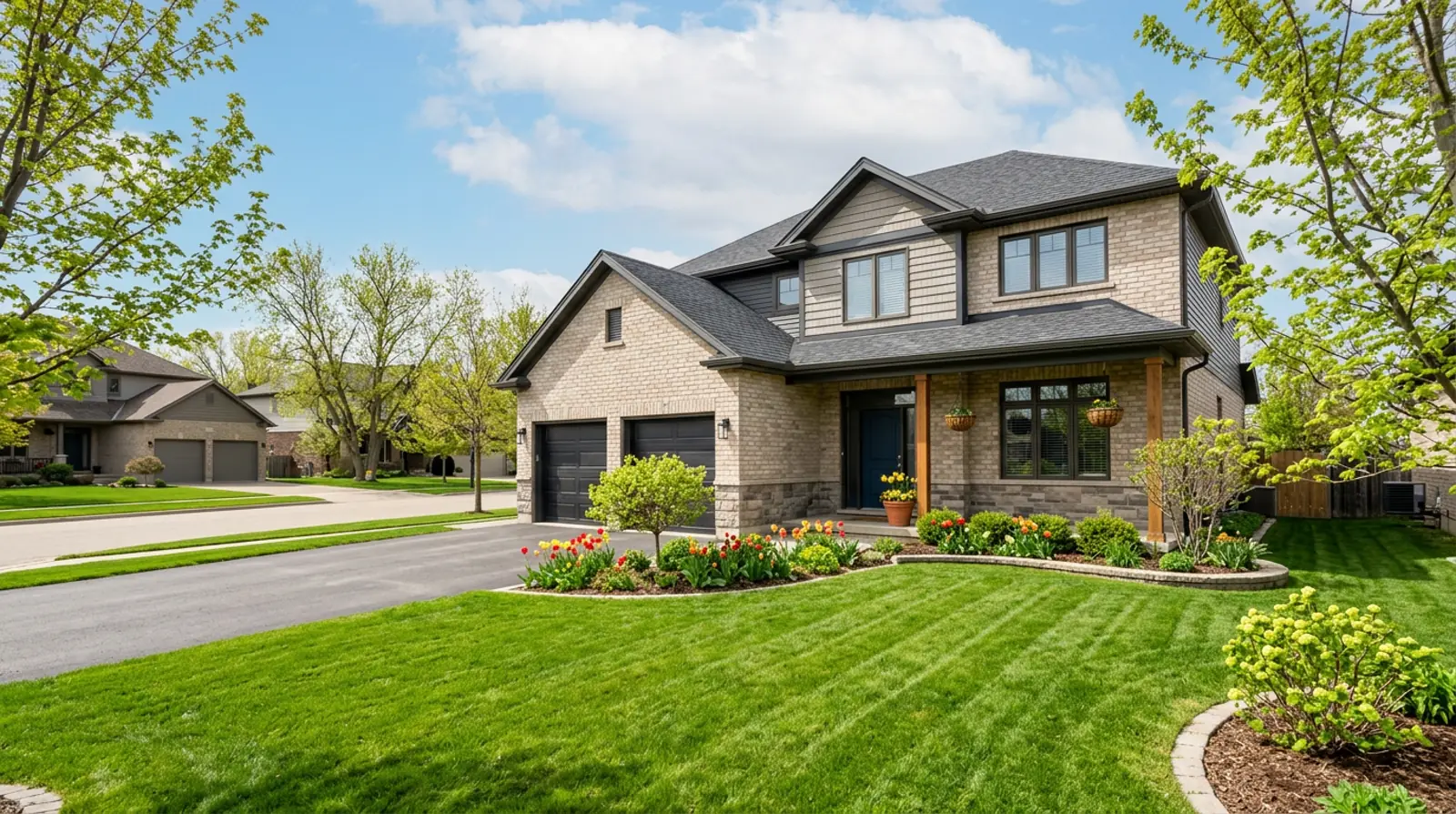 Modern Warman family home with fresh green lawn, spring tulip beds and blooming trees on a bright spring morning.