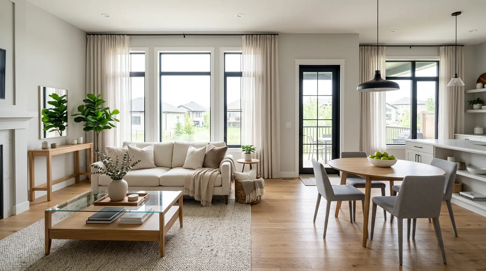 Bright, freshly staged open-concept living and dining room in a modern Warman family home with neutral tones and natural light.