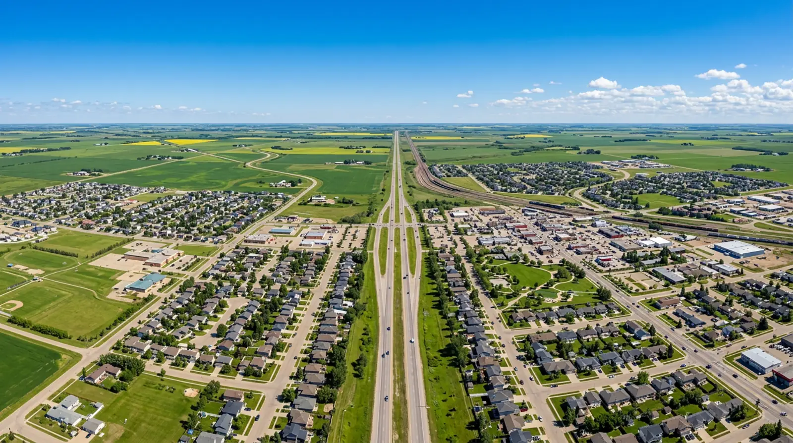 Aerial view of Warman and Martensville Saskatchewan as twin bedroom communities separated by Highway 11 and rural farmland