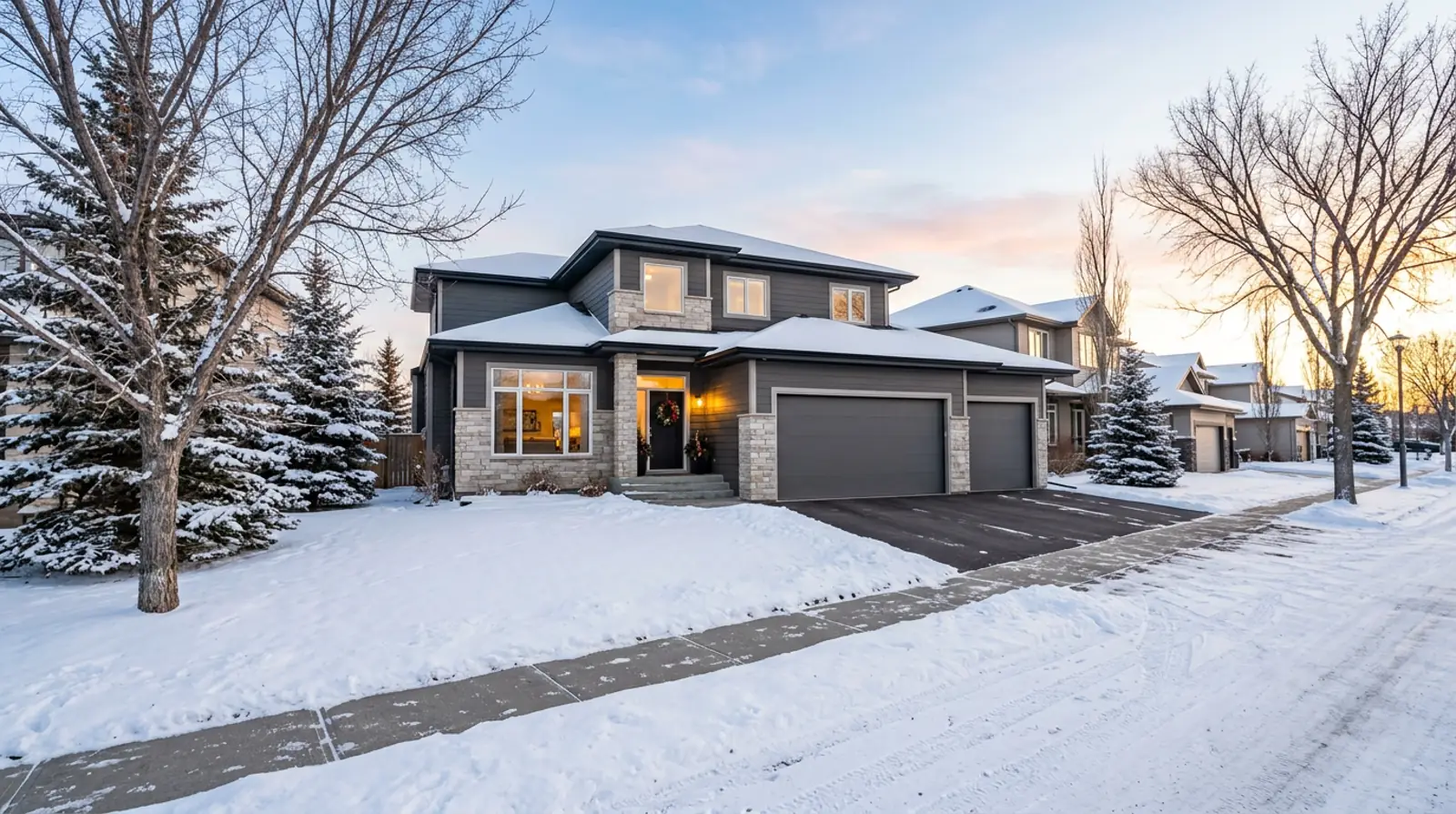 Modern Warman family home on a bright winter afternoon with fresh snow, shoveled walk, glowing porch light and evergreen wreath.