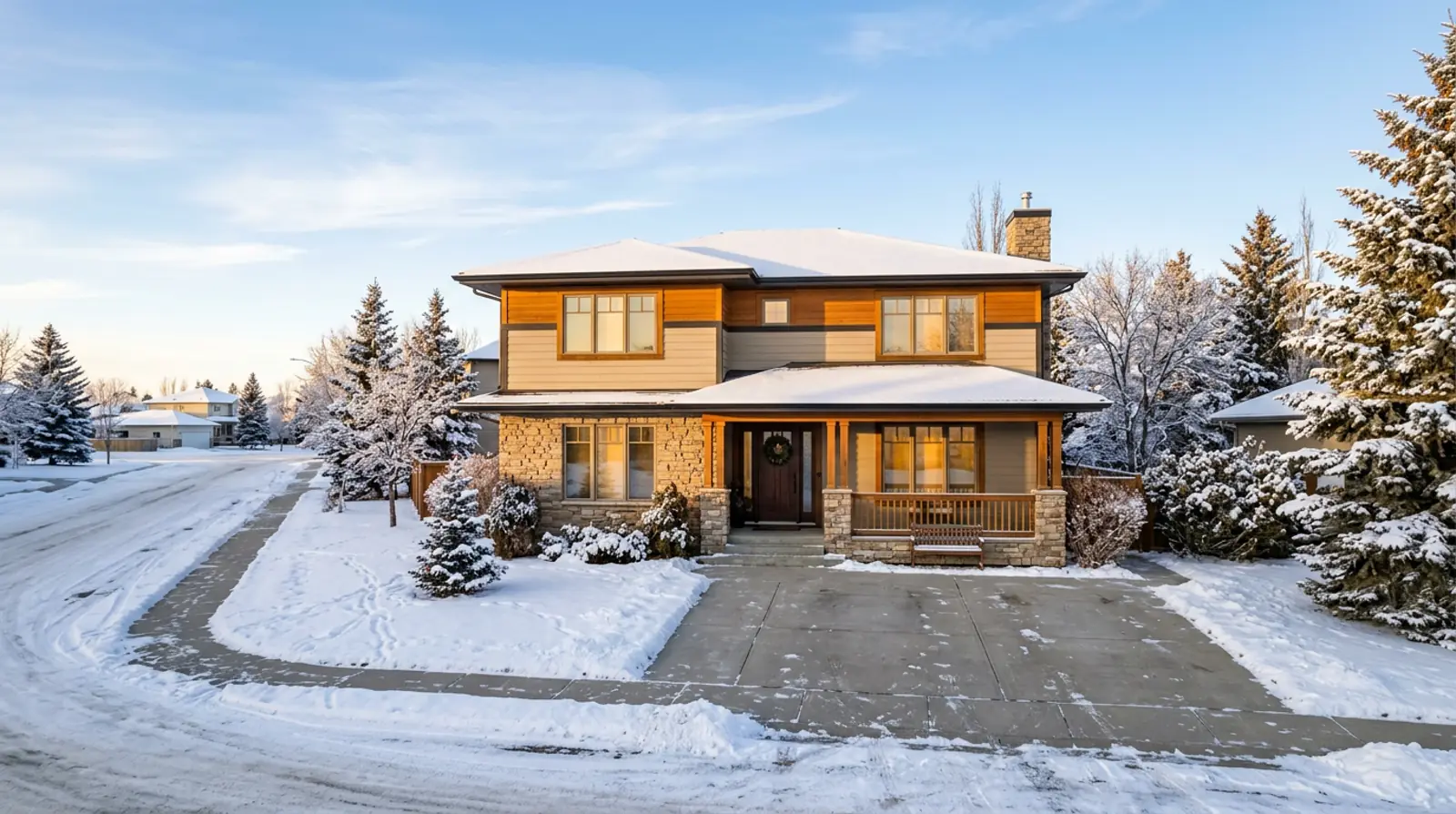 Warman two-storey family home on a clear winter afternoon with fresh snow, shoveled driveway, and warm interior lights.