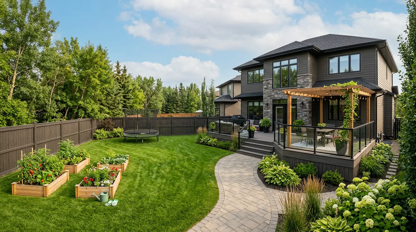 Large fully fenced Warman backyard with a multi-level composite deck, raised garden beds and a small trampoline on a sunny afternoon.