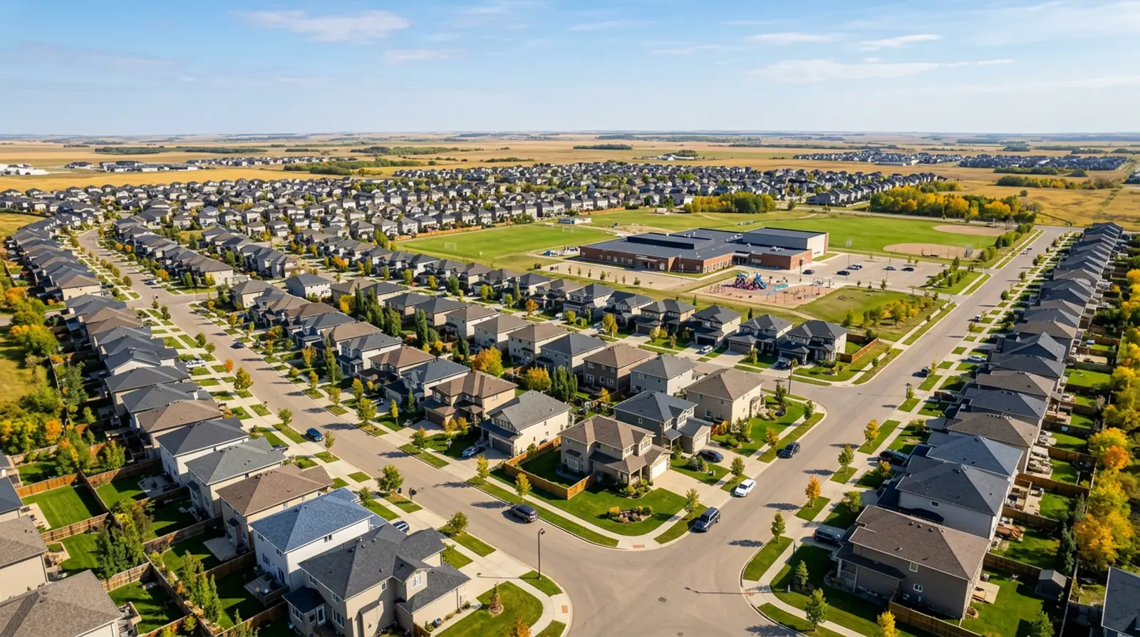 Aerial view of a Warman suburban neighbourhood with family homes and an elementary school across from community sports fields